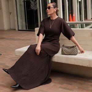 ZARA BROWN PLEATED COMBINATION DRESS